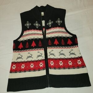 Christopher & Banks Black and Red Zip Up Sweater Vest Xl Chritsmas